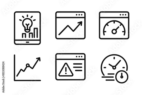 Dynamic Analytics Icons. Live Analytics linear icon set. instant insights, trend update, performance gauge, dynamic chart, alert dashboard, fast computation.
