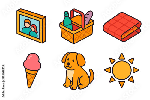 Family Picnic Icons. Family Moments flat icons set. photo frame, picnic basket, blanket, ice cream, pet, sun