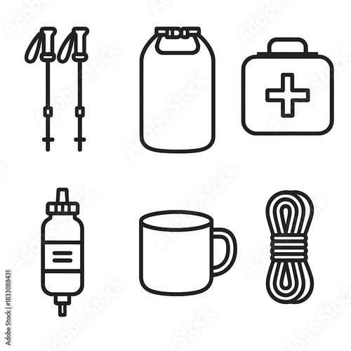 Outdoor Gear Icons. Outdoor Gear Essentials linear icon set: trekking poles, dry bag, first-aid kit, water filter, camp mug, rope coil