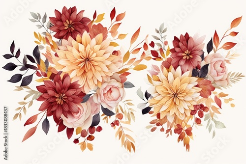 A beautiful arrangement of colorful flowers featuring shades of red, orange, and cream, surrounded by delicate leaves and foliage.