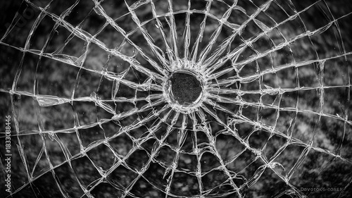 A shattered circular glass pattern symbolizing a central point of impact and illustrating concepts of vulnerability, disruption and structural stress.
