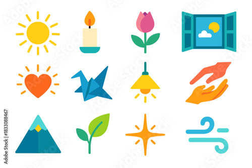 Symbols of Hope. Symbols of Hope flat icon set: sun rays, candle, flower bud, open window, glowing heart, paper crane, sky light, helping hands, mountain peak, new leaf, spark