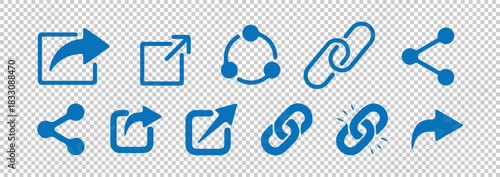 Share and link icons set collection of blue glyphs for digital communication media platforms