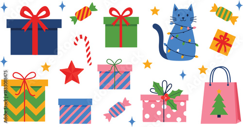 Festive Christmas and holiday gift box collection with bows, wrapped candy, colorful shopping bag, candy cane, and a cute cat tangled in lights, celebrating winter joy and shopping.