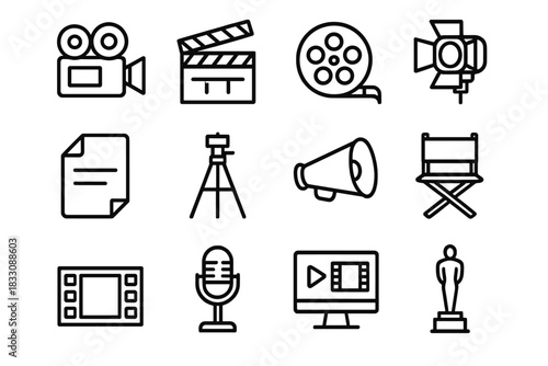 Movie Icons Collection. Cinematic Creation linear icon set: camera, clapperboard, reel, spotlight, script, tripod, megaphone, director chair, film strip, microphone, editing screen