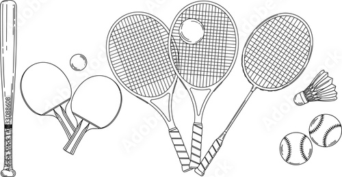 Hand-Drawn Line Art Vector Collection of Sports Equipment Including Rackets, Bat, Balls, and Shuttlecock for Fitness, Hobby, and Leisure Design