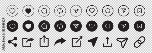 Social media icons set collection of black and white glyphs for digital communication platforms
