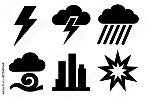 Brutalist Thunderstorm Icons. Thunderstorm silhouette icon set. lightning bolt, dark cloud, heavy rain, thunder wave, city skyline, storm flash.