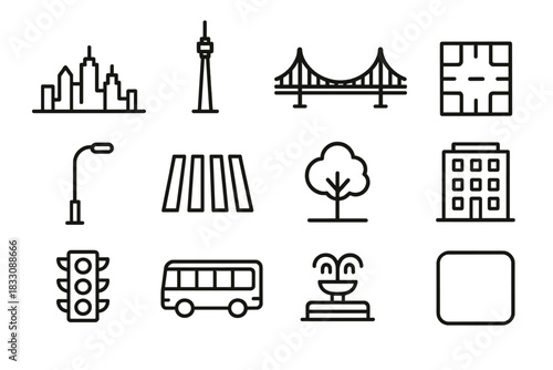 City Outline Icons. City Elements Set linear icon set: skyline silhouette, tall tower, bridge span, road grid, streetlight, crosswalk lines, city park tree, apartment block