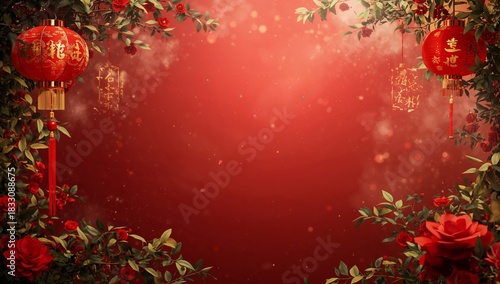 Festive Red Background With Lanterns and Roses for Celebration and Decoration...