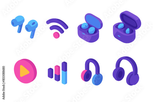 Modern Headphones Icons. Wireless Headphones flat icons set. true wireless earbuds, signal icon, charging dock, audio waveform, music play symbol, sound equalizer, headset