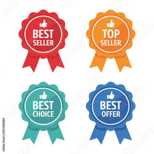 Best seller and offer label collection including ribbon illustrations, choice tags, top seller symbols,