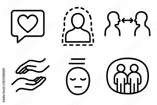 Relationship Communication Icons. Relationship Communication Set linear icon set: heart conversation, boundary bubble, conflict-resolution arrows, trust hands, calm tone icon