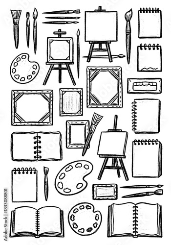 Monochrome Doodle Art Supplies Collection. Sketchy Drawing Tools, Painting Palettes, Easels, Canvases, and Spiral Notebooks Icon Set.