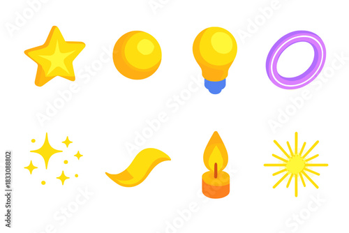 Vibrant Glow Icons. Glow Set flat icons set. radiant star, glowing orb, light bulb, neon ring, sparkle dust, shimmer wave, candle flame, radiant burst