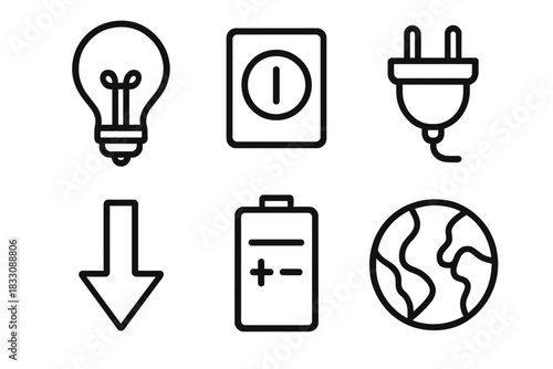 Energy-Themed Icon Set. Energy Awareness linear icon set. light bulb, power switch, plug, battery, arrow down, globe