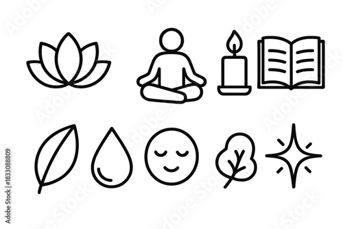 Mindful Living Icons. Mindful Living linear icon set. lotus flower, meditation pose, candle, book, leaf, water droplet, calm face, spark