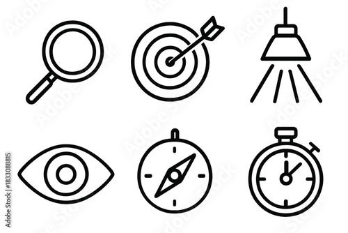 Laser Focus Icons. Laser Focus linear icon set. magnifying glass, dartboard, beam light, eye icon, compass, stopwatch
