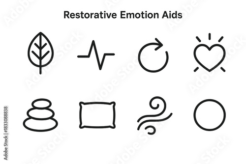 Restorative Emotion Icons. Restorative Emotion Aids linear icon set: grounding leaf, calm pulse line, renewal arrow, soft heart glow, tranquility pebble, restful cushion, soothing