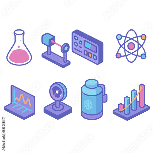Quantum Research Icons. Quantum Research flat icons set. lab flask, laser setup, control panel, atom network, experiment graph, quantum sensor, cryogenic tank, data visualization