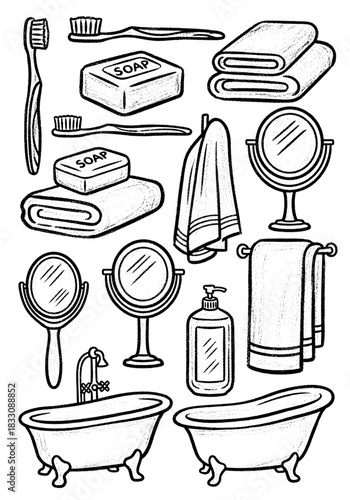 Sketchy Black and White Bathroom Elements Collection. Hand-drawn doodle icons of Bathtubs, Soap, Towels, Toothbrushes, and Mirrors.