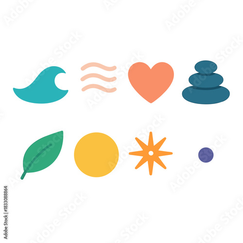 Serenity Icons Collection. Serenity Practices Essentials flat icon set: calm wave, breath lines, soft heart, grounding stone, gentle leaf, harmony circle, inner spark, quiet dot