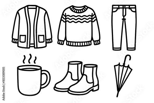 Cozy Fall Icons. Chill Weather Looks linear icon set. cardigan, knit sweater, jeans, ankle boots, warm mug, umbrella