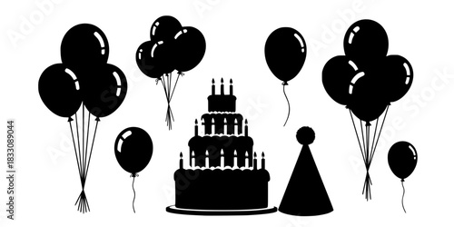 Birthday Party Celebration Elements Vector Silhouette Set
