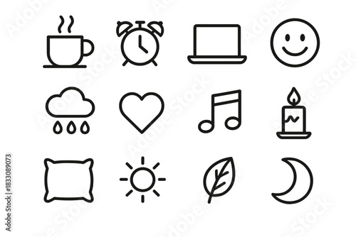 Daily Mood Icons. Daily Mood linear icon set: coffee cup, alarm clock, laptop, smile face, rain cloud, heart, music note, candle, pillow, sun, leaf, moon