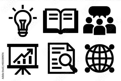 Knowledge Icon Set. Knowledge Exchange silhouette icon set. light bulb idea, open book, group discussion, presentation screen, research paper, global connection.
