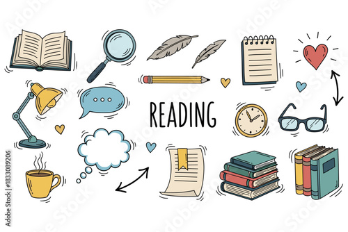 Reading enthusiast icons: books, writing tools, lamp, glasses, coffee, heart