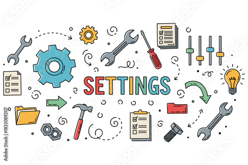 Colorful settings tools and icons: wrench, gear, clipboard, bulb, and controls
