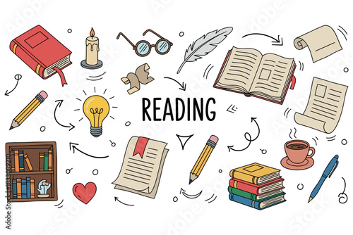 Colorful illustrated reading concept with books and writing tools