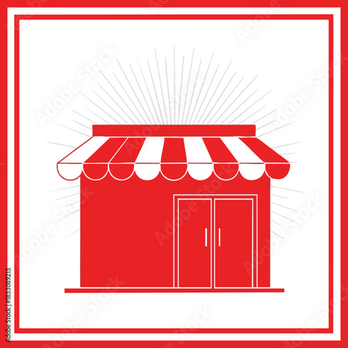 Red shop storefront icon with striped awning on a white background with radiating lines for business graphics