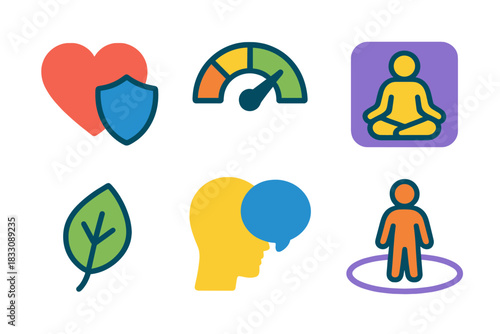 Emotional Safety Icons. Emotional Boundaries Set flat icon set: protected heart, gentle shield, emotional meter, safe space icon, grounding leaf, reflection bubble
