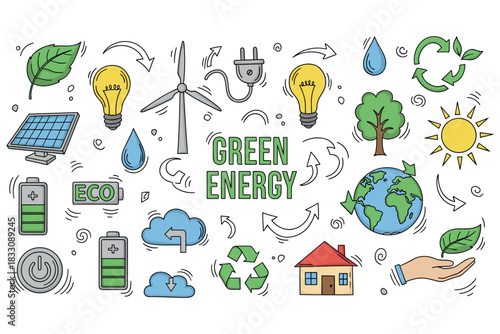 Eco-friendly illustrations highlighting green energy symbols and renewable resources