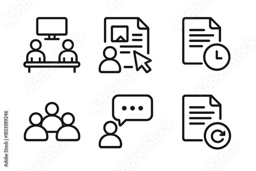 Collaborative Workspace Icons. Collaborative Sharing linear icon set. shared workspace, real-time editing, version control, group users, comment bubble, file sync.
