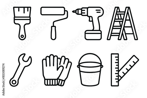 Home Improvement Tools. Home Improvement Set linear icon set: paintbrush, roller, drill, ladder, wrench, gloves, bucket, ruler