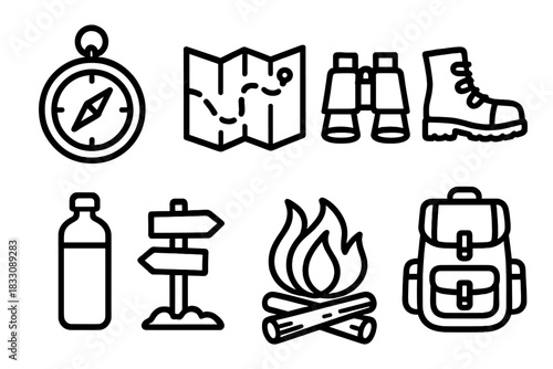 Outdoor Adventure Icons. Outdoor exploration elements linear icon set: compass, map, binoculars, hiking boots, water bottle, trail marker, campfire, backpack