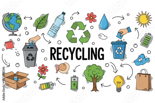 Colorful recycling essentials: a fun guide to eco-friendly practices with hand-drawn icons