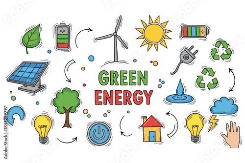Green energy concepts: solar, wind, and sustainable solutions illustrated