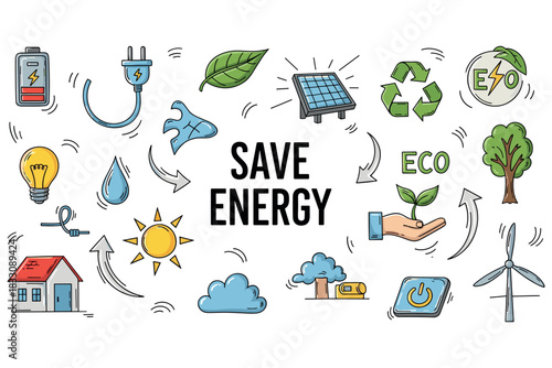Save energy concept with eco-friendly symbols and renewable resources