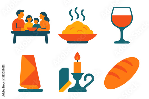 Cozy Family Dinner. Warm Gathering flat icon set : family table, steaming dish, glass of wine, folded napkin, candle holder, loaf of bread