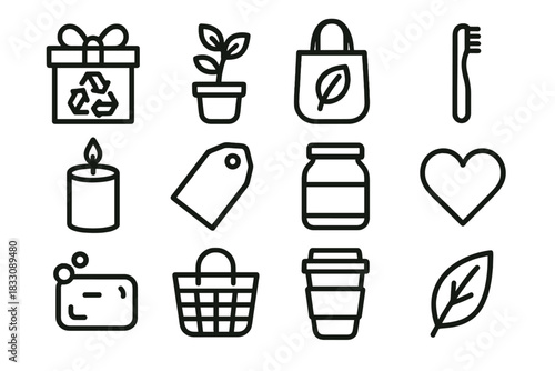 Eco-Friendly Gift Icons. Sustainable Presents linear icon set. recycled wrapping, plant, tote bag, bamboo toothbrush, candle, gift tag, jar, heart, soap, basket, reusable cup, leaf