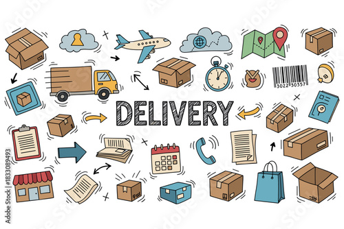 Colorful delivery icons: package, transportation, tracking, communication, shipping