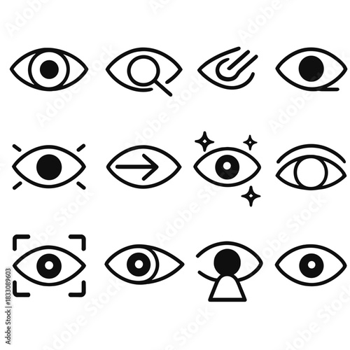 Vision Icons Collection. Vision & Clarity Set linear icon set: focused eye, sharpened view, bright lens, depth sweep, visual cue, gaze indicator, clarity shimmer, perspective arc