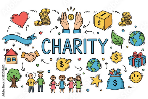 Colorful charity illustration with donation symbols and diverse people