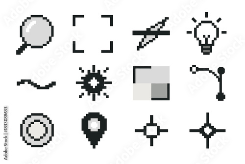 Clarity Icons Collection. Clarity Elements pixel style icon set: clear lens icon, open outline frame, focused beam line, bright insight spark, clean path stripe, distilled idea