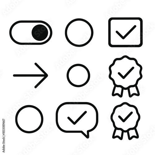 Decision Icons Collection. Decision Yes linear icon set: toggle switch on, selected radio button, highlighted checkbox, approval seal, arrow forward, bright dot, confirm bubble