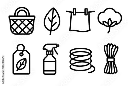 Eco Craft Icons. Sustainable Craft linear icon set: basket, leaf print, drying line, cotton ball, eco label, spray bottle, rope, natural fiber